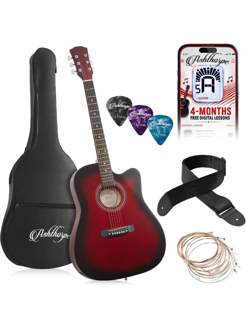 41" Beginner Cutaway Acoustic Guitar Set - Full Size Starter Kit w/Gig Bag